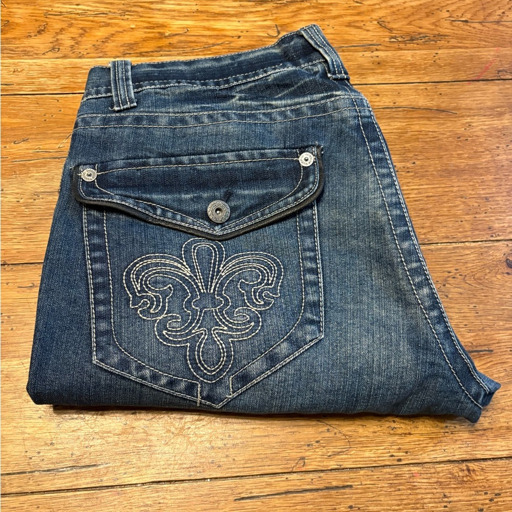 Y2K- Le Fleur Embroidered Pockets Baggy Denim Jeans with Raw Hem 36
